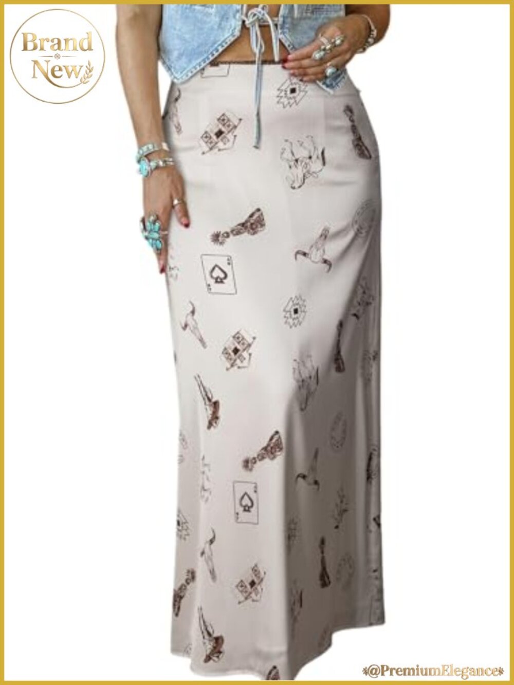 Women's Satin High Waisted Maxi Skirt Stretch Western Print Long